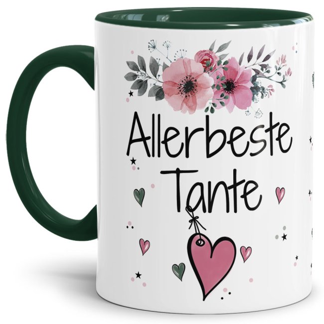 Tasse mit sch&ouml;nem Blumenmotiv - Allerbeste Tante - Innen &amp; Henkel Dunkelgr&uuml;n