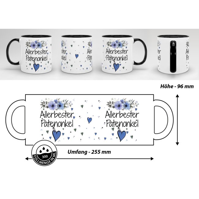 Tasse mit sch&ouml;nem Blumenmotiv - Allerbester Patenonkel - Innen &amp; Henkel Schwarz