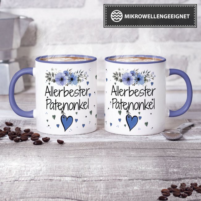 Tasse mit sch&ouml;nem Blumenmotiv - Allerbester Patenonkel - Innen &amp; Henkel Cambridge Blau