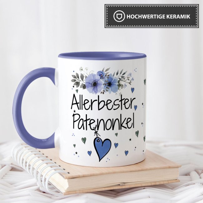 Tasse mit sch&ouml;nem Blumenmotiv - Allerbester Patenonkel - Innen &amp; Henkel Cambridge Blau