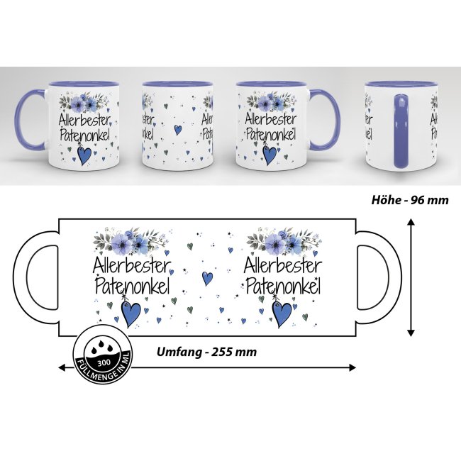 Tasse mit sch&ouml;nem Blumenmotiv - Allerbester Patenonkel - Innen &amp; Henkel Cambridge Blau