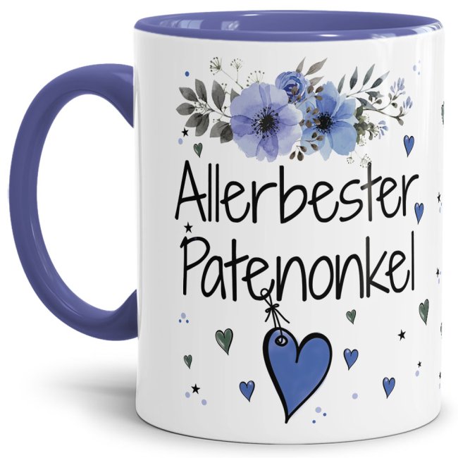 Tasse mit sch&ouml;nem Blumenmotiv - Allerbester Patenonkel - Innen &amp; Henkel Cambridge Blau