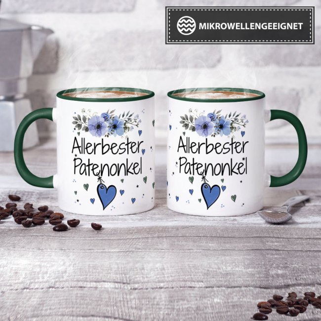 Tasse mit sch&ouml;nem Blumenmotiv - Allerbester Patenonkel - Innen &amp; Henkel Dunkelgr&uuml;n