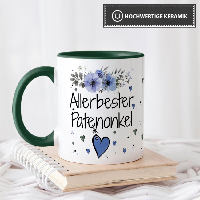 Tasse mit sch&ouml;nem Blumenmotiv - Allerbester Patenonkel - Innen &amp; Henkel Dunkelgr&uuml;n