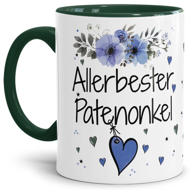 Tasse mit sch&ouml;nem Blumenmotiv - Allerbester Patenonkel - Innen &amp; Henkel Dunkelgr&uuml;n