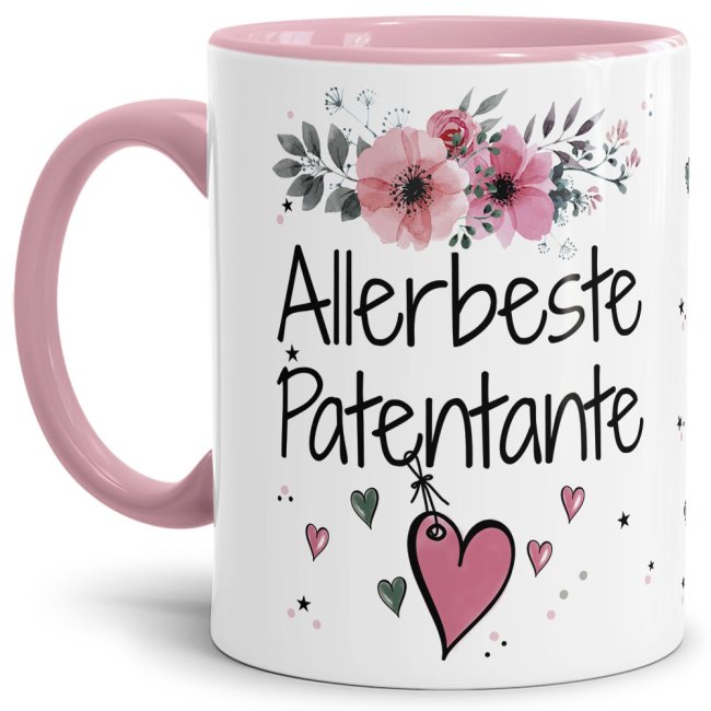 Tasse mit sch&ouml;nem Blumenmotiv - Allerbeste Patentante - Innen &amp; Henkel Rosa