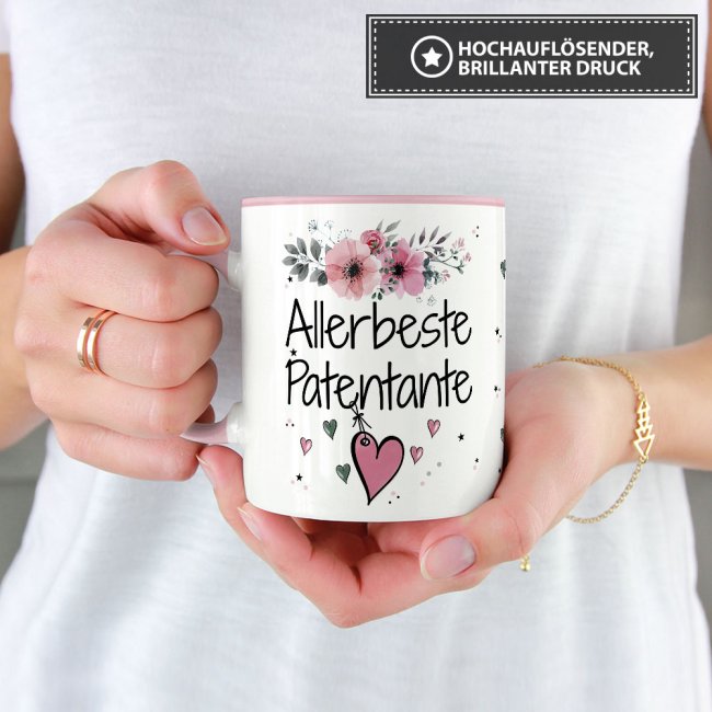 Tasse mit sch&ouml;nem Blumenmotiv - Allerbeste Patentante - Innen &amp; Henkel Rosa