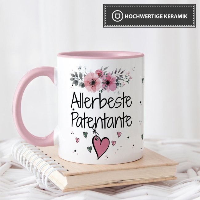 Tasse mit sch&ouml;nem Blumenmotiv - Allerbeste Patentante - Innen &amp; Henkel Rosa