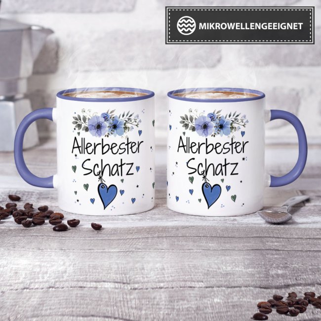 Tasse mit sch&ouml;nem Blumenmotiv - Allerbester Schatz blau - Innen &amp; Henkel Cambridge Blau