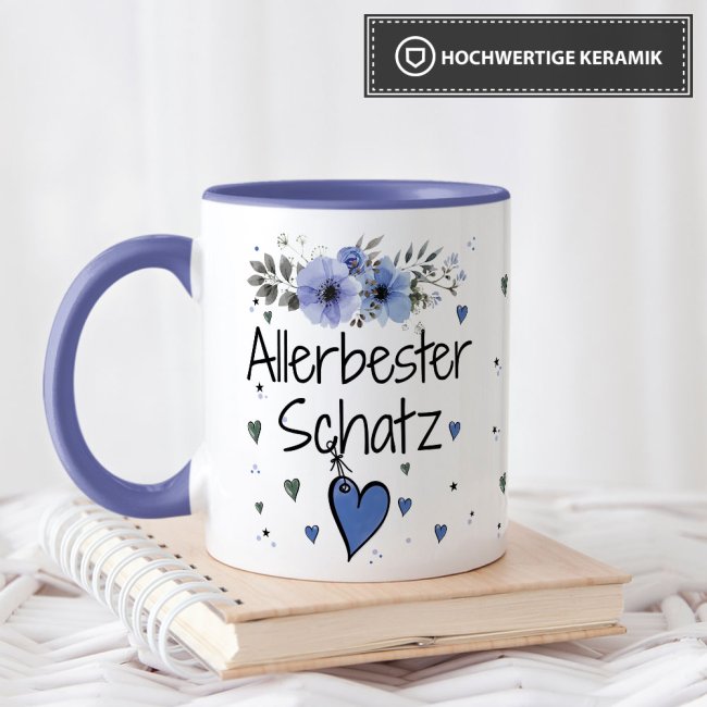 Tasse mit sch&ouml;nem Blumenmotiv - Allerbester Schatz blau - Innen &amp; Henkel Cambridge Blau