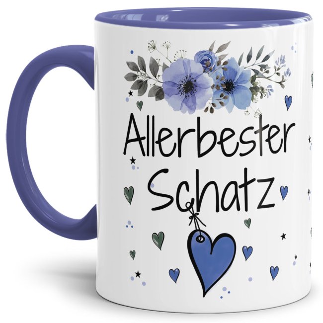 Tasse mit sch&ouml;nem Blumenmotiv - Allerbester Schatz blau - Innen &amp; Henkel Cambridge Blau