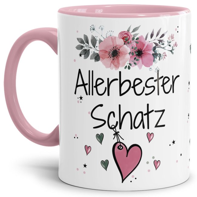 Tasse mit sch&ouml;nem Blumenmotiv - Allerbester Schatz rosa - Innen &amp; Henkel Rosa