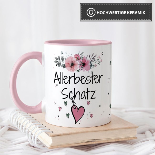 Tasse mit sch&ouml;nem Blumenmotiv - Allerbester Schatz rosa - Innen &amp; Henkel Rosa