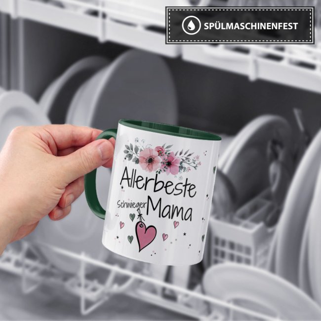 Tasse mit sch&ouml;nem Blumenmotiv - Allerbeste Schwiegermama - Innen &amp; Henkel Dunkelgr&uuml;n