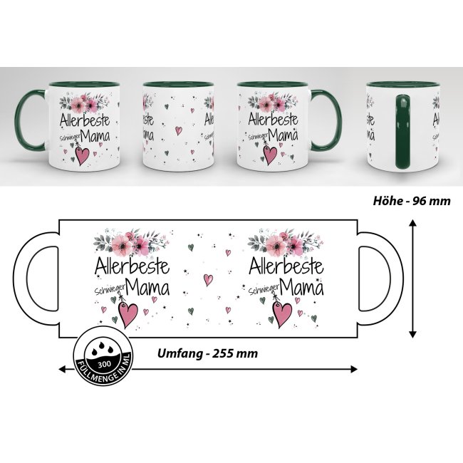 Tasse mit sch&ouml;nem Blumenmotiv - Allerbeste Schwiegermama - Innen &amp; Henkel Dunkelgr&uuml;n