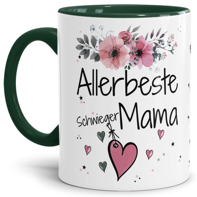 Tasse mit sch&ouml;nem Blumenmotiv - Allerbeste Schwiegermama - Innen &amp; Henkel Dunkelgr&uuml;n