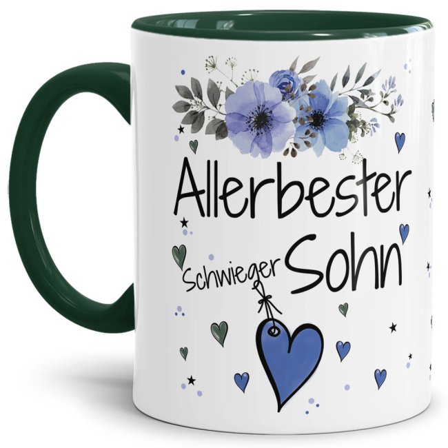 Tasse mit sch&ouml;nem Blumenmotiv - Allerbester Schwiegersohn - Innen &amp; Henkel Dunkelgr&uuml;n