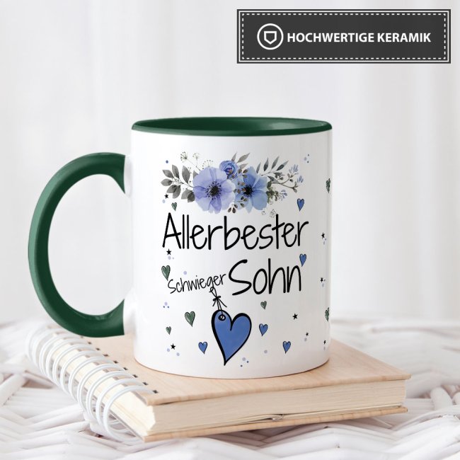 Tasse mit sch&ouml;nem Blumenmotiv - Allerbester Schwiegersohn - Innen &amp; Henkel Dunkelgr&uuml;n