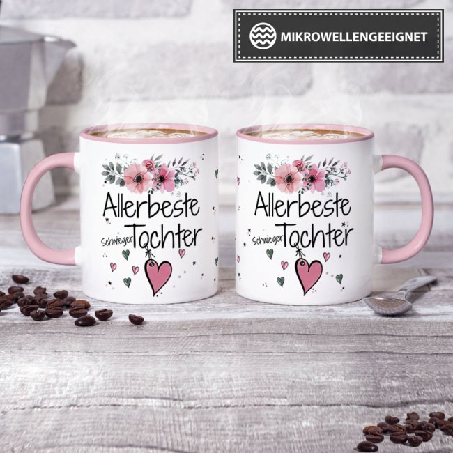 Tasse mit sch&ouml;nem Blumenmotiv - Allerbeste Schwiegertochter - Innen &amp; Henkel Rosa