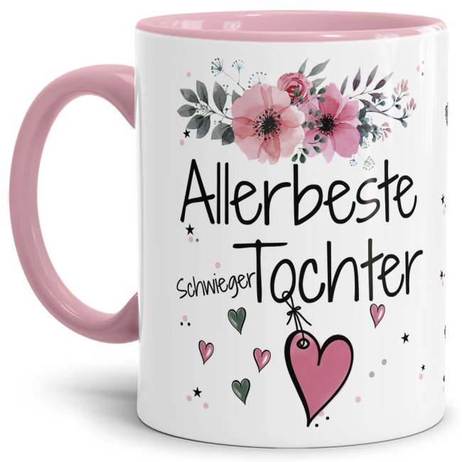 Tasse mit sch&ouml;nem Blumenmotiv - Allerbeste Schwiegertochter - Innen &amp; Henkel Rosa