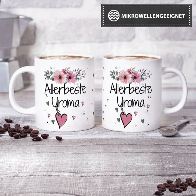 Tasse mit sch&ouml;nem Blumenmotiv - Allerbeste Uroma - Wei&szlig;