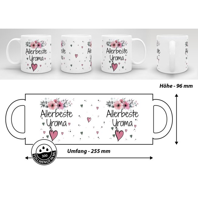 Tasse mit sch&ouml;nem Blumenmotiv - Allerbeste Uroma - Wei&szlig;