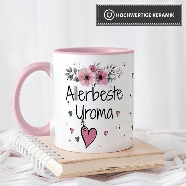 Tasse mit sch&ouml;nem Blumenmotiv - Allerbeste Uroma - Innen &amp; Henkel Rosa