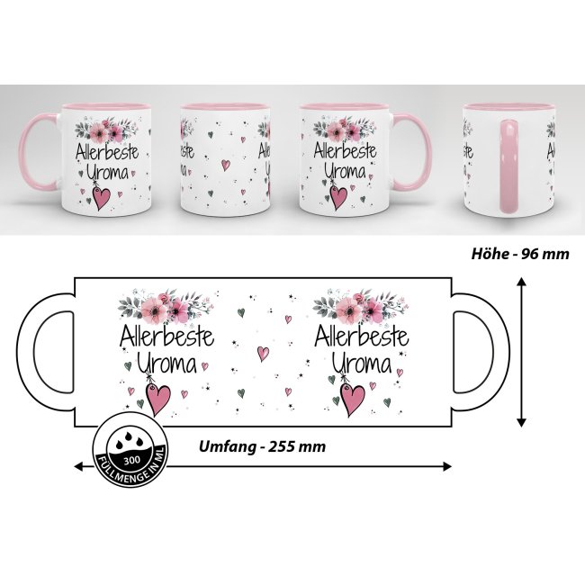 Tasse mit sch&ouml;nem Blumenmotiv - Allerbeste Uroma - Innen &amp; Henkel Rosa