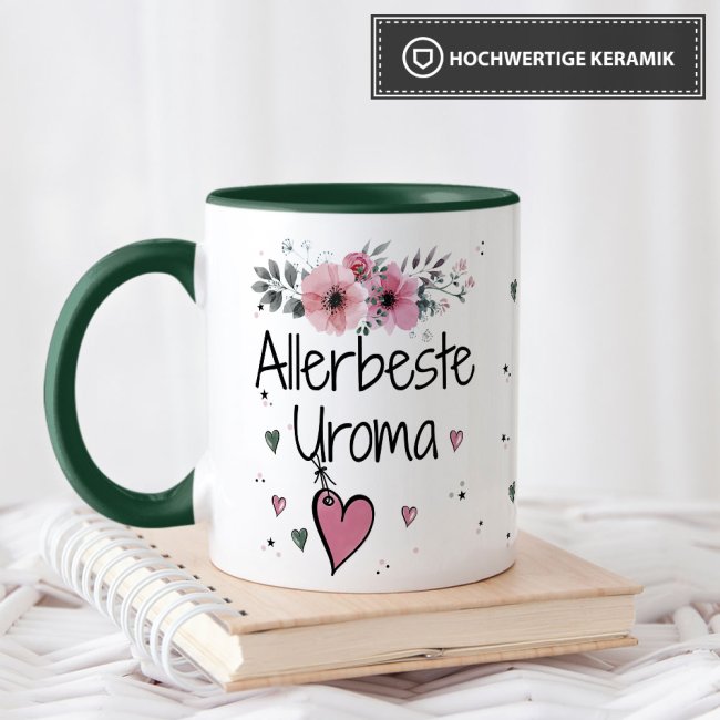 Tasse mit sch&ouml;nem Blumenmotiv - Allerbeste Uroma - Innen &amp; Henkel Dunkelgr&uuml;n