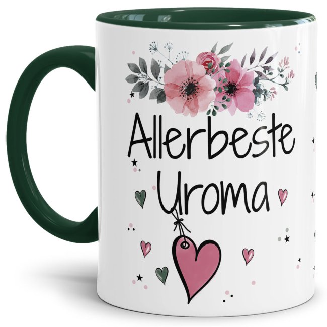 Tasse mit sch&ouml;nem Blumenmotiv - Allerbeste Uroma - Innen &amp; Henkel Dunkelgr&uuml;n