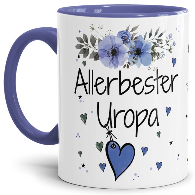 Tasse mit sch&ouml;nem Blumenmotiv - Allerbester Uropa - Innen &amp; Henkel Cambridge Blau