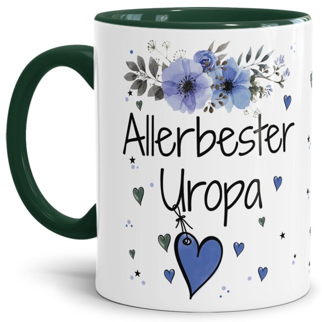 Tasse mit sch&ouml;nem Blumenmotiv - Allerbester Uropa - Innen &amp; Henkel Dunkelgr&uuml;n