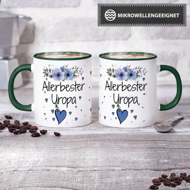 Tasse mit sch&ouml;nem Blumenmotiv - Allerbester Uropa - Innen &amp; Henkel Dunkelgr&uuml;n