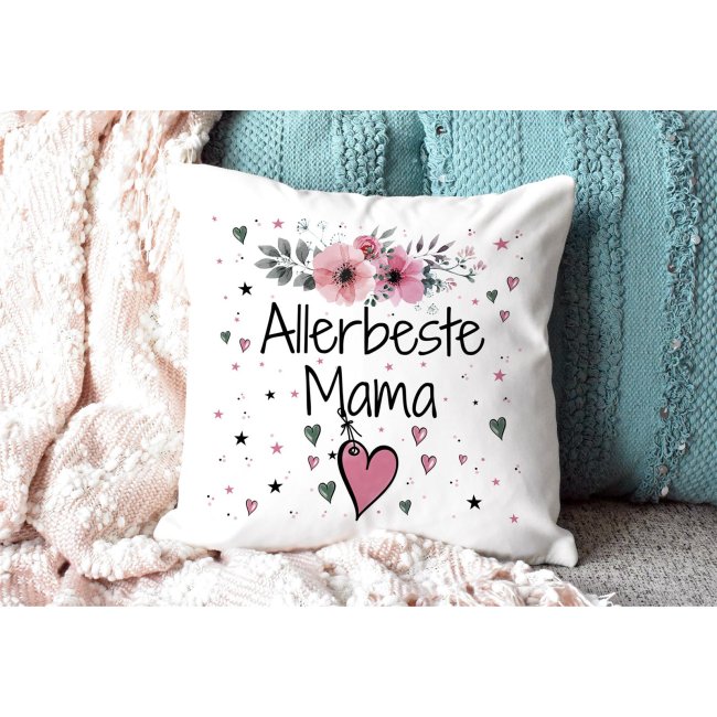 Kissen inkl. Kissenf&uuml;llung mit Spruch - Allerbeste Mama - Farbkissen R&uuml;ckseite Rosa