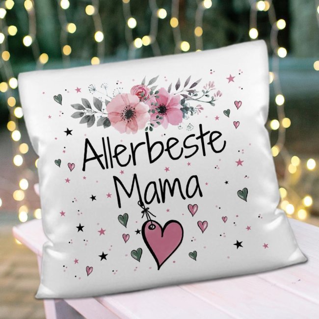 Kissen inkl. Kissenf&uuml;llung mit Spruch - Allerbeste Mama - Farbkissen R&uuml;ckseite Rosa