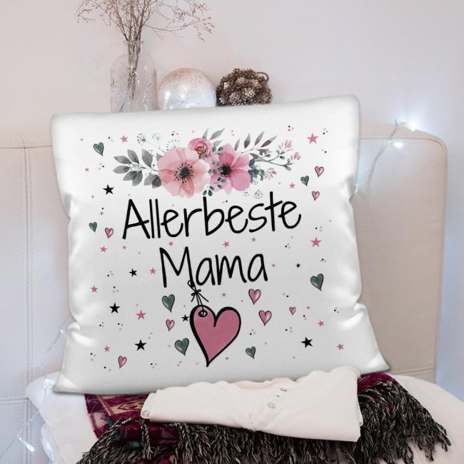 Kissen inkl. Kissenf&uuml;llung mit Spruch - Allerbeste Mama - Farbkissen R&uuml;ckseite Rosa