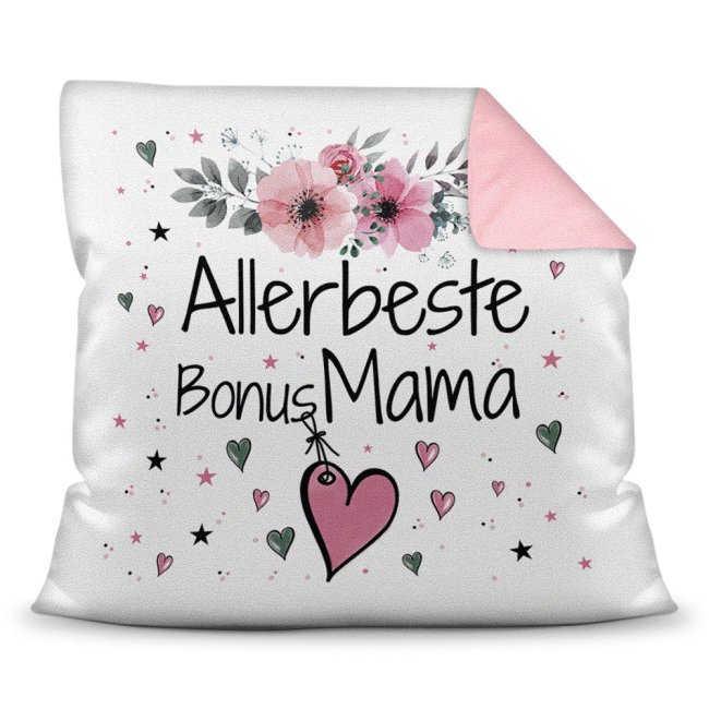 Kissen inkl. Kissenf&uuml;llung mit Spruch - Allerbeste Bonus Mama - Farbkissen R&uuml;ckseite Rosa