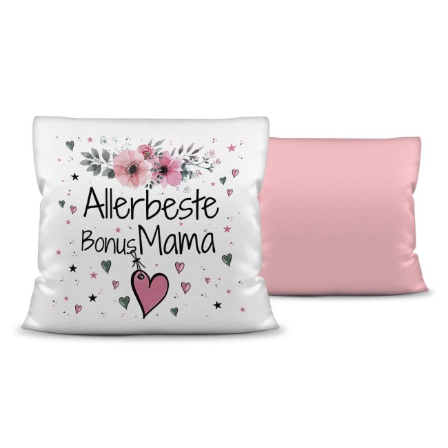 Kissen inkl. Kissenf&uuml;llung mit Spruch - Allerbeste Bonus Mama - Farbkissen R&uuml;ckseite Rosa