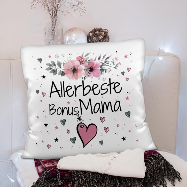 Kissen inkl. Kissenf&uuml;llung mit Spruch - Allerbeste Bonus Mama - Farbkissen R&uuml;ckseite Rosa