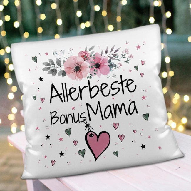 Kissen inkl. Kissenf&uuml;llung mit Spruch - Allerbeste Bonus Mama - Farbkissen R&uuml;ckseite Rosa