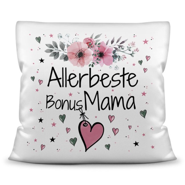 Kissen inkl. Kissenf&uuml;llung mit Spruch - Allerbeste Bonus Mama - Kissen Polyester - Wei&szlig;