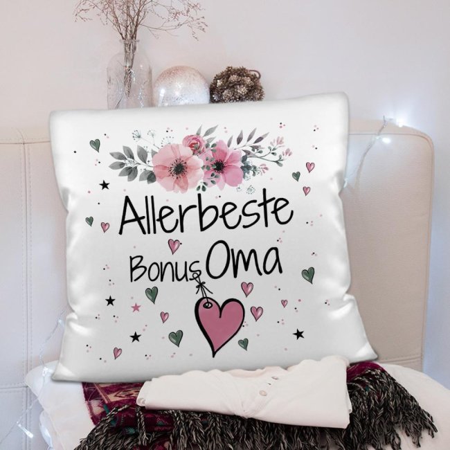 Kissen inkl. Kissenf&uuml;llung mit Spruch - Allerbeste Bonus Oma - Kissen Polyester - Wei&szlig;