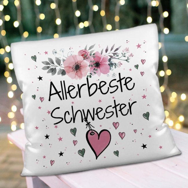 Kissen inkl. Kissenf&uuml;llung mit Spruch - Allerbeste Schwester - Farbkissen R&uuml;ckseite Rosa