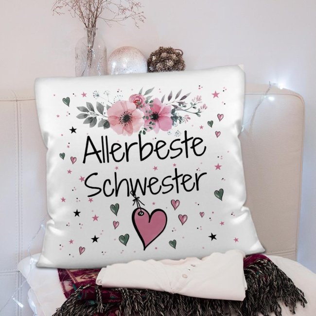 Kissen inkl. Kissenf&uuml;llung mit Spruch - Allerbeste Schwester - Farbkissen R&uuml;ckseite Rosa