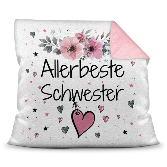 Kissen inkl. Kissenf&uuml;llung mit Spruch - Allerbeste Schwester - Farbkissen R&uuml;ckseite Rosa