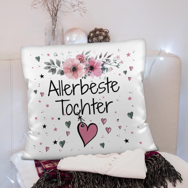 Kissen inkl. Kissenf&uuml;llung mit Spruch - Allerbeste Tochter - Farbkissen R&uuml;ckseite Rosa