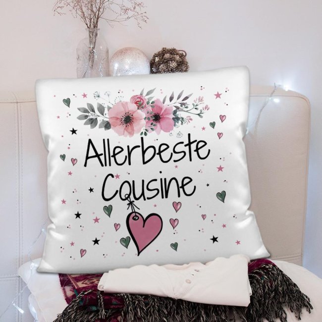 Kissen inkl. Kissenf&uuml;llung mit Spruch - Allerbeste Cousine - Farbkissen R&uuml;ckseite Rosa