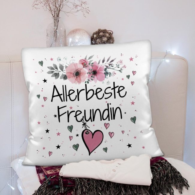 Kissen inkl. Kissenf&uuml;llung mit Spruch - Allerbeste Freundin - Farbkissen R&uuml;ckseite Rosa