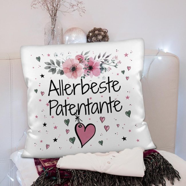 Kissen inkl. Kissenf&uuml;llung mit Spruch - Allerbeste Patentante - Farbkissen R&uuml;ckseite Rosa