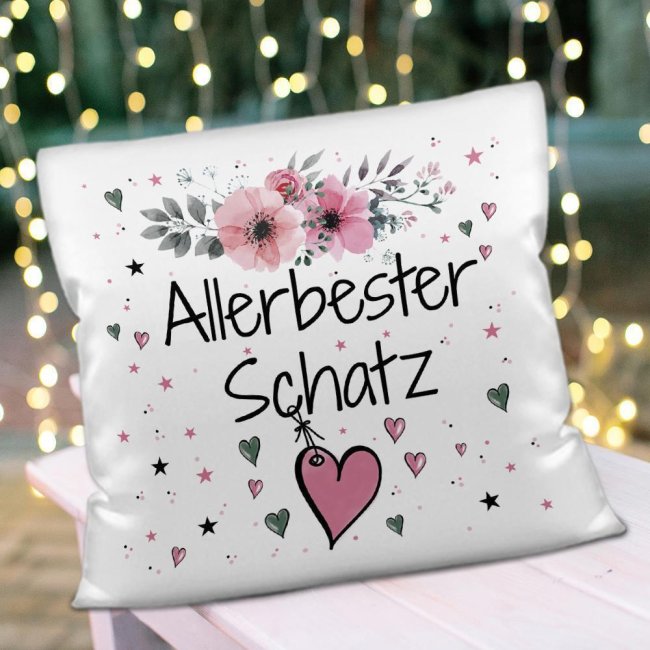 Kissen inkl. Kissenf&uuml;llung mit Spruch - Allerbester Schatz rosa - Kissen Polyester - Wei&szlig;